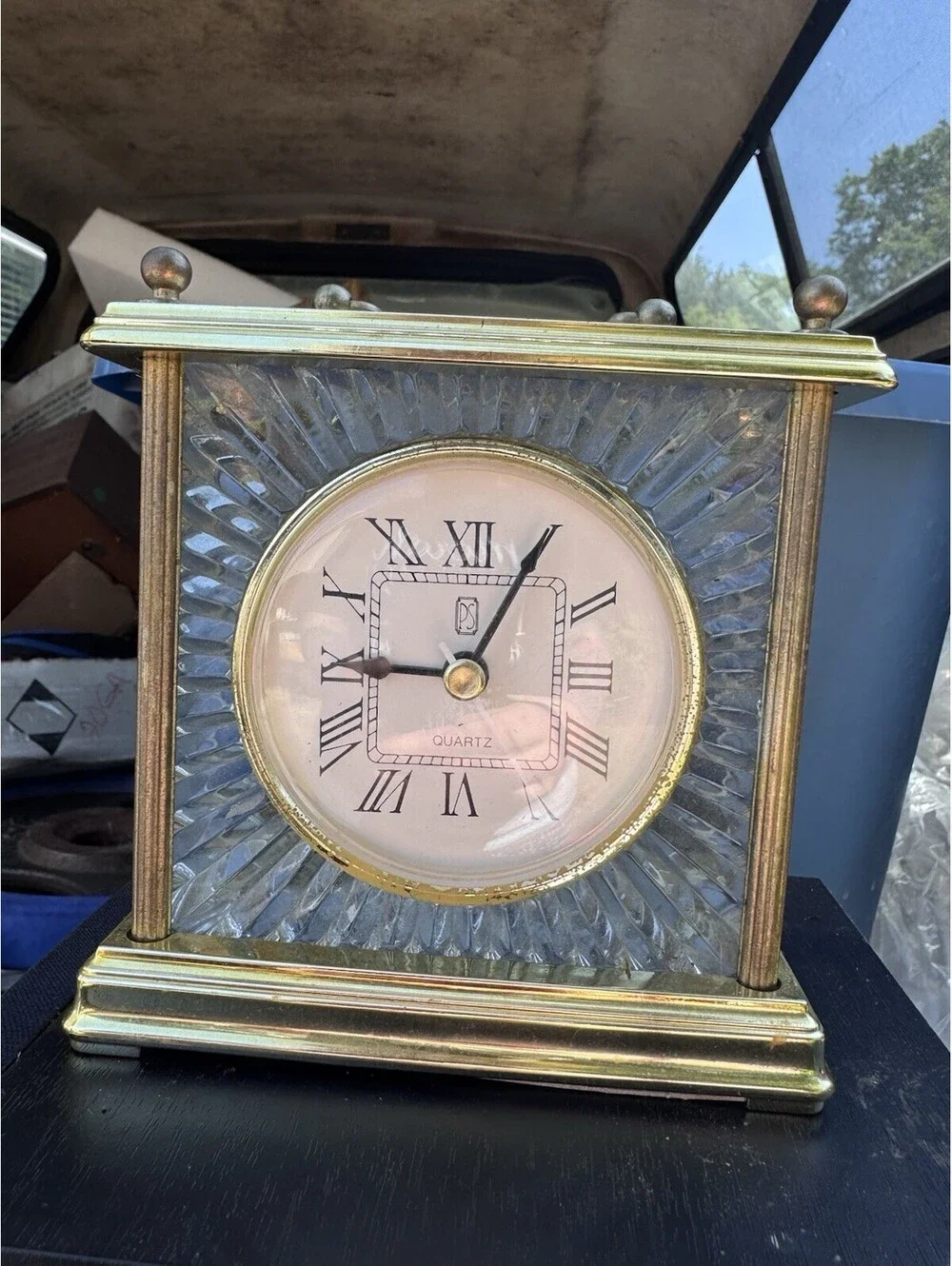 PS Paul Sebastian Vintage Quartz Clock Faceted Glass Brass Mantel Desk Clock